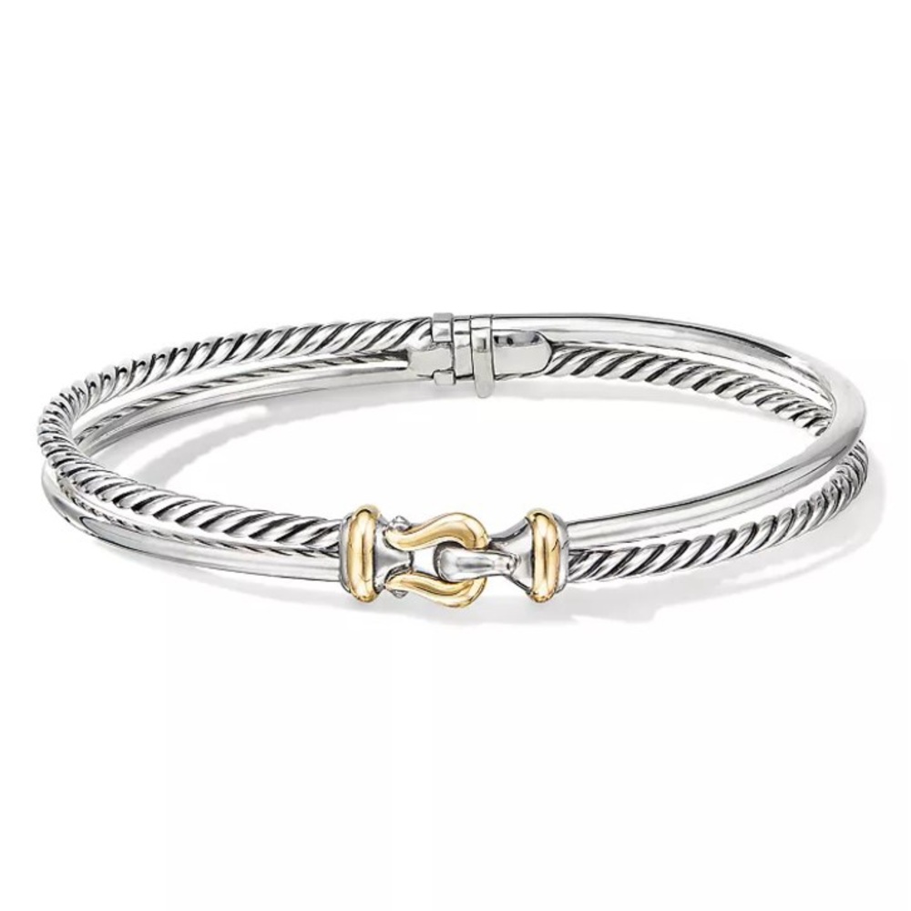 DAVID YURMAN Sterling Silver Two-Row Cable Buckle Bracelet with 18K Yell…